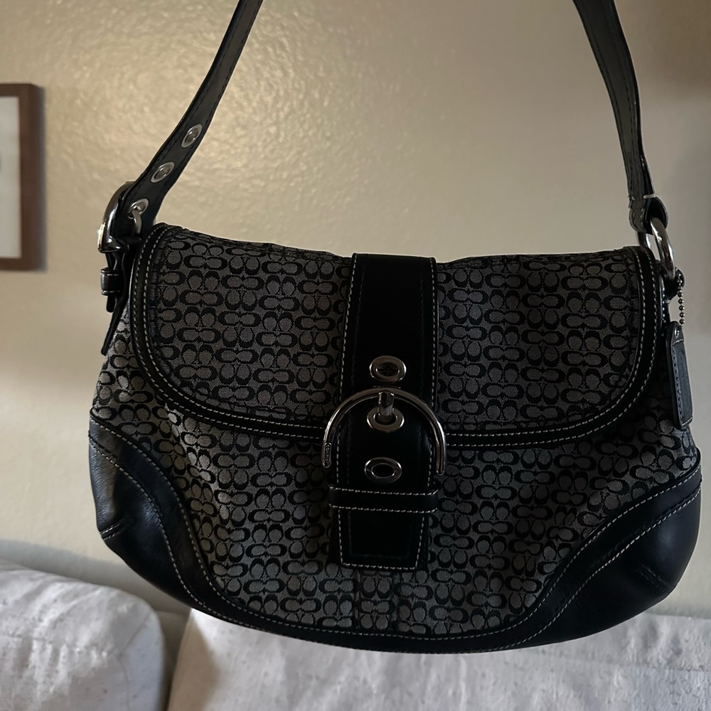 VINTAGE COACH black monogram canvas soho bag with silver hardware detailing